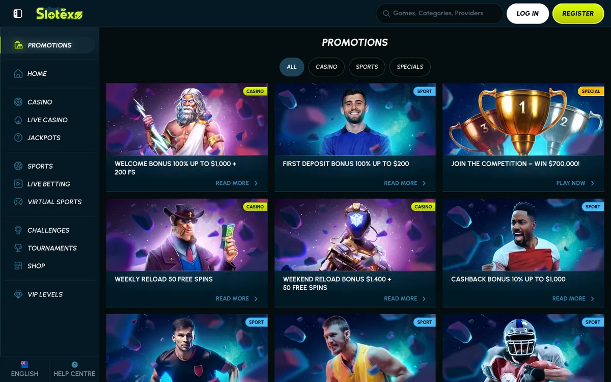 Slotexo Casino — Promotions, captured from New Zealand