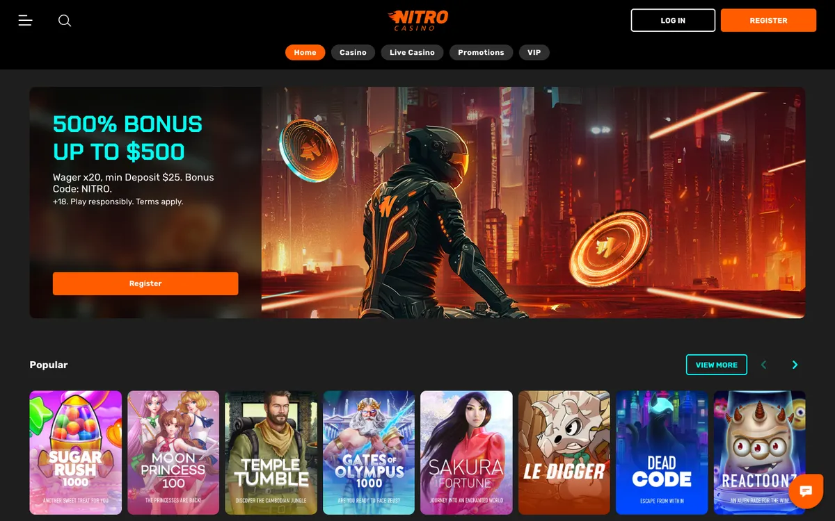 Nitro Casino — Home page, captured from New Zealand
