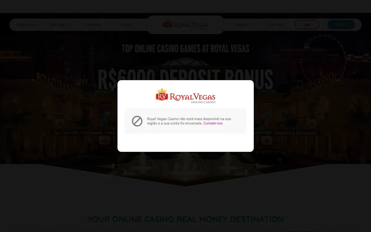 Royal Vegas Casino — Home page, captured from Brazil