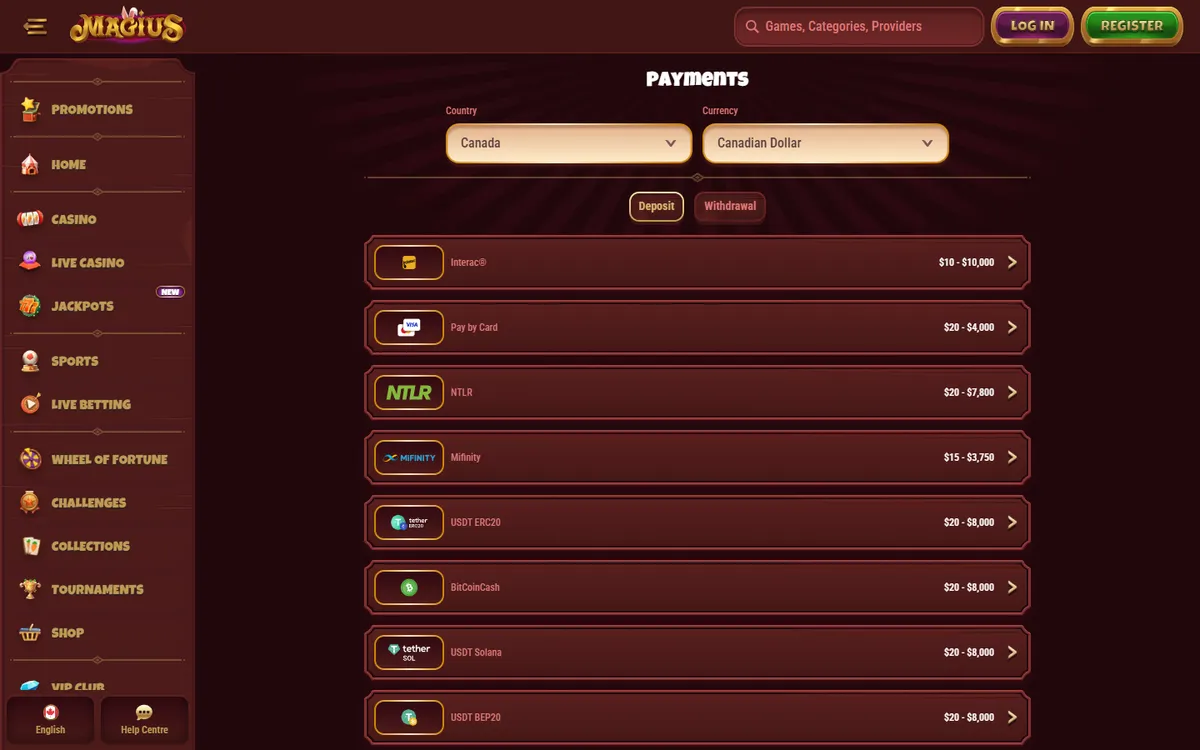 Magius Casino — Payments, captured from Canada