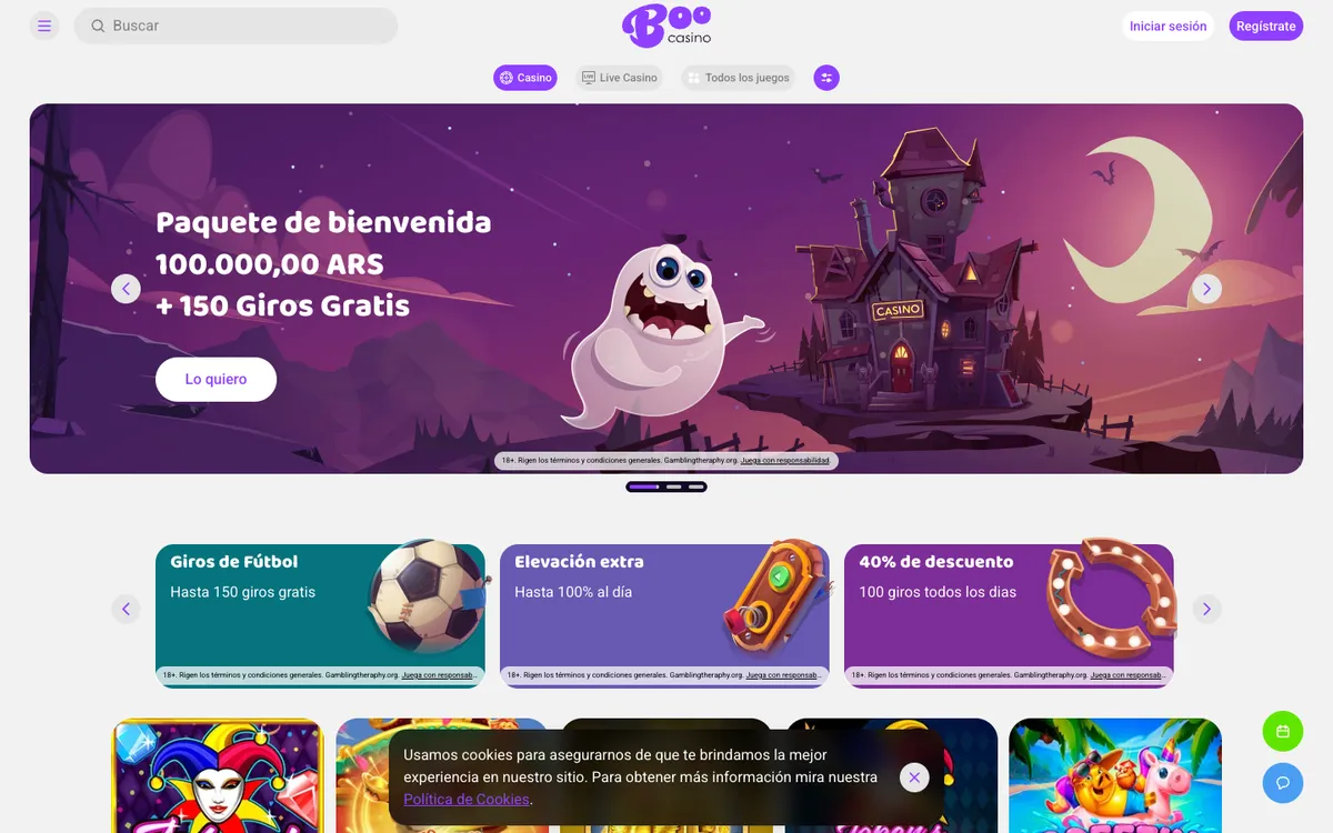 Boo Casino — Home page, captured from Argentina