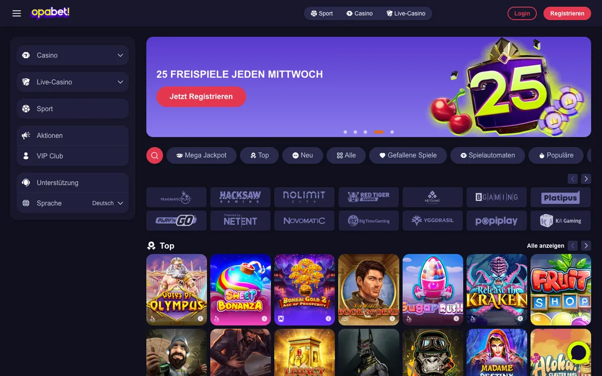 Opabet Casino — Home page, captured from Germany