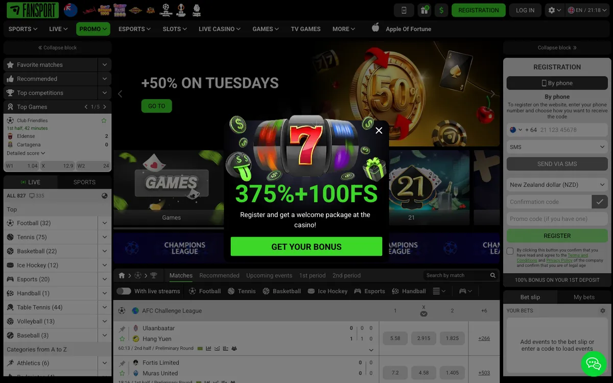 Fansport Casino — Home page, captured from New Zealand