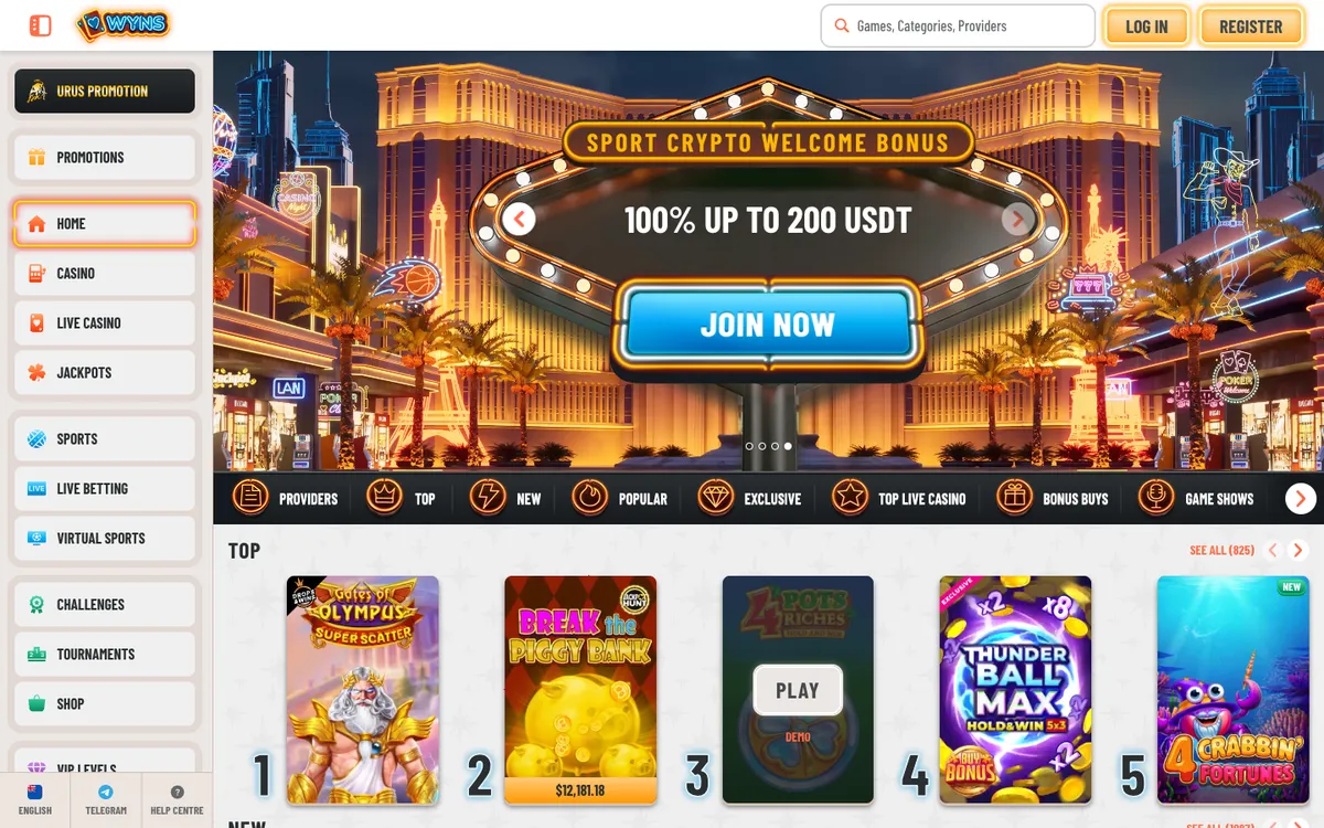 Wyns Casino — Home page, captured from New Zealand