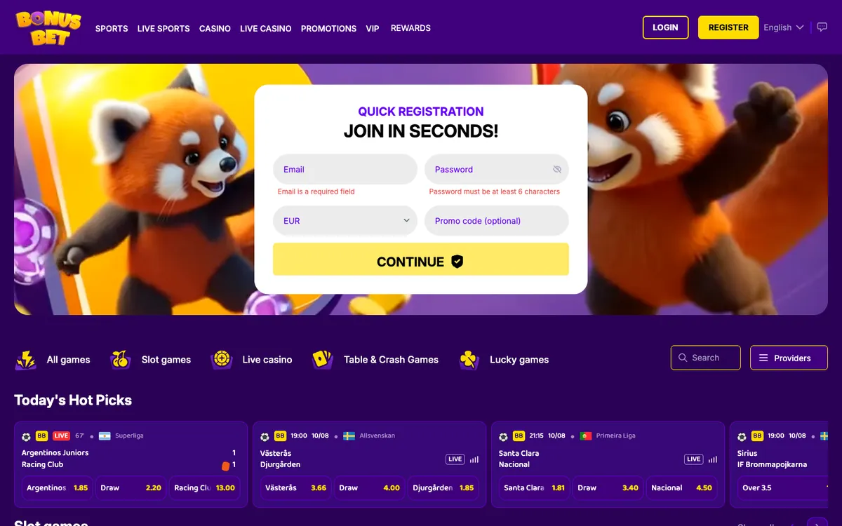 BonusBet Casino — Home page, captured from Germany