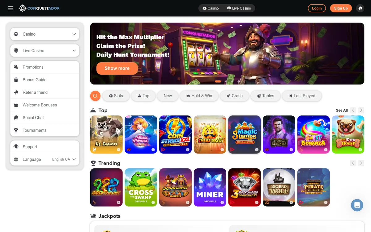 Conquestador Casino — Home page, captured from Canada