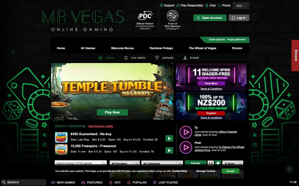 Mr Vegas Casino — Home page, captured from New Zealand