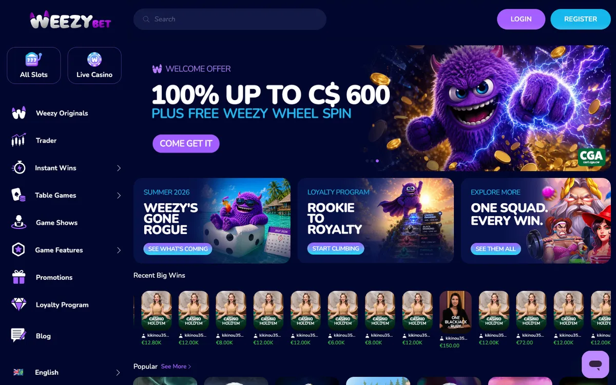WeezyBet Casino — Home page, captured from Canada