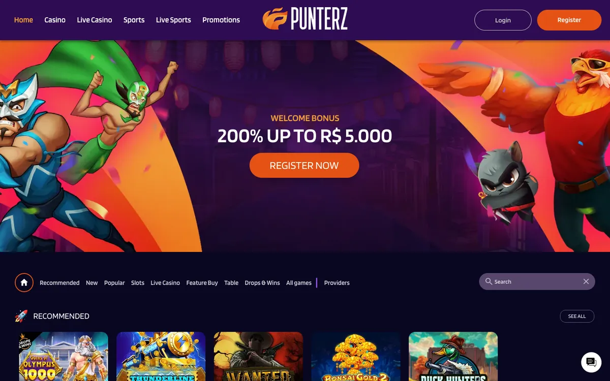 Punterz Casino — Home page, captured from Belgium