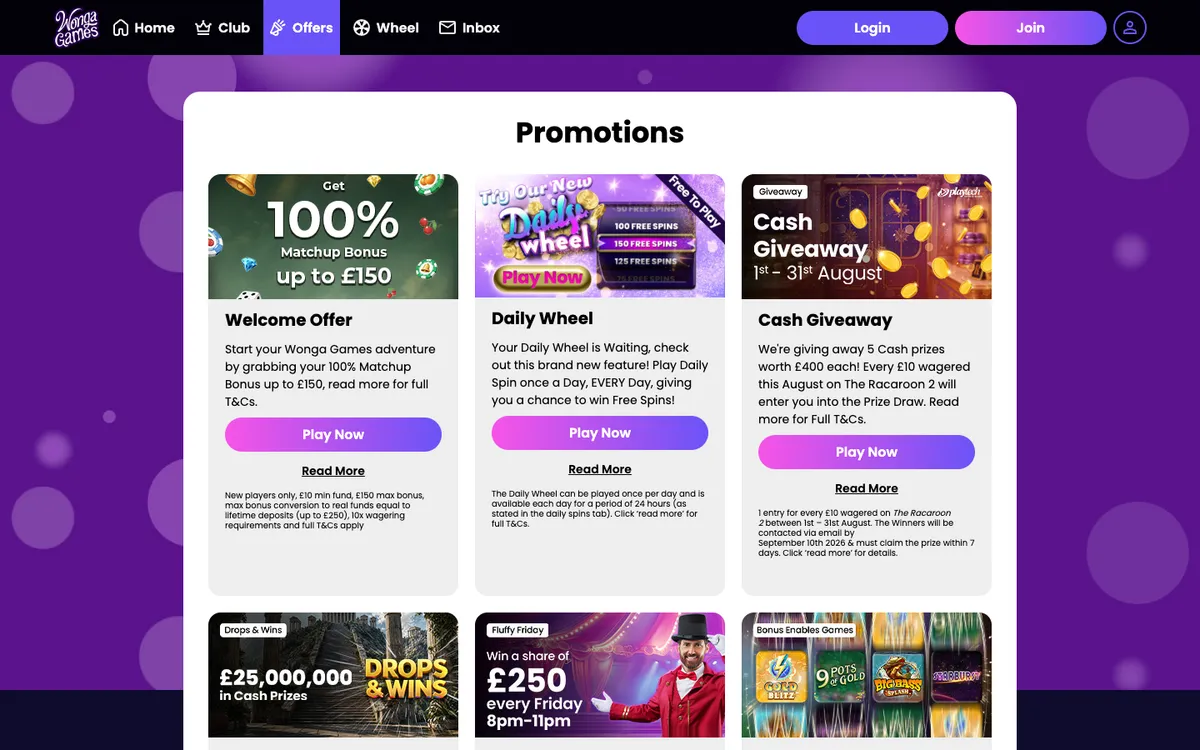 Wonga Games Casino — «Акции», снято из страны Великобритания
