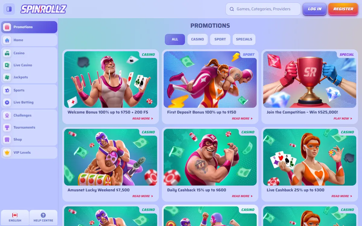 Spinrollz Casino — «Акции», снято из страны Канада