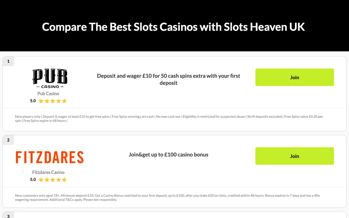 Slots Heaven Casino — Home page, captured from United Kingdom