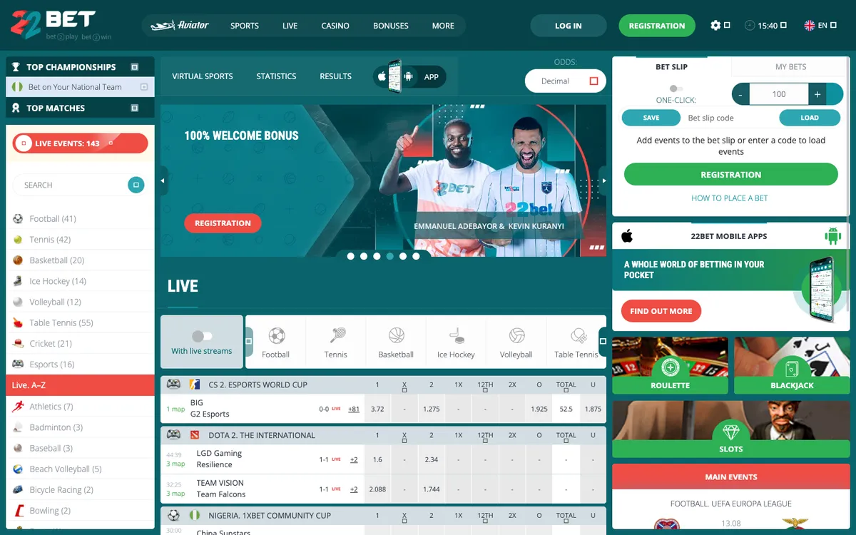 22bet Casino — Home page, captured from Nigeria