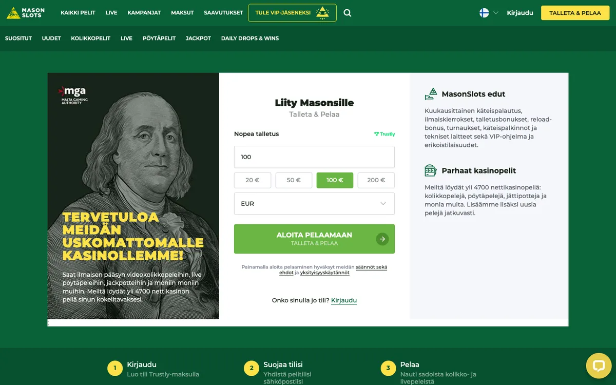 Mason Slots Casino — Home page, captured from Finland