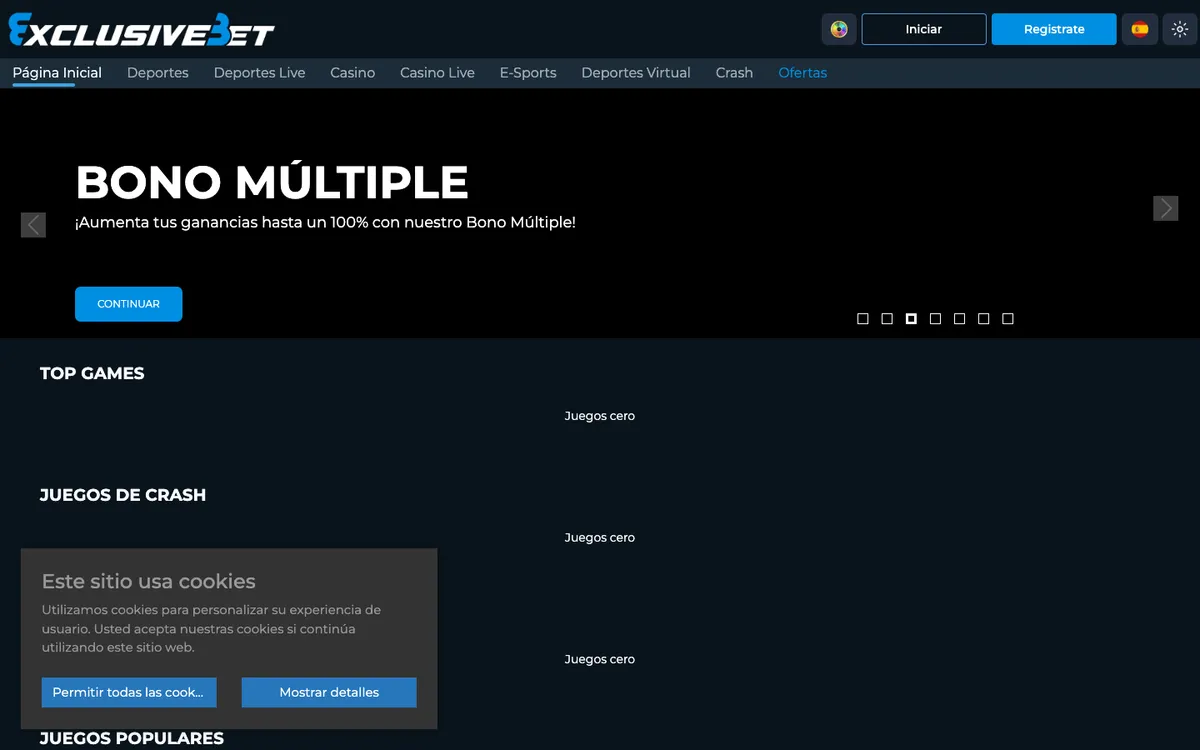ExclusiveBet Casino — «Главная», снято из страны Чили
