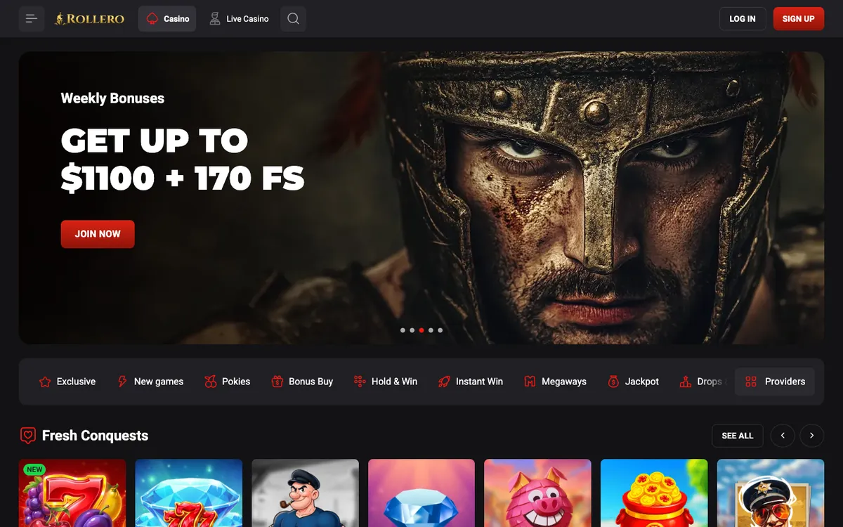 Rollero Casino — «Главная», снято из страны Новая Зеландия