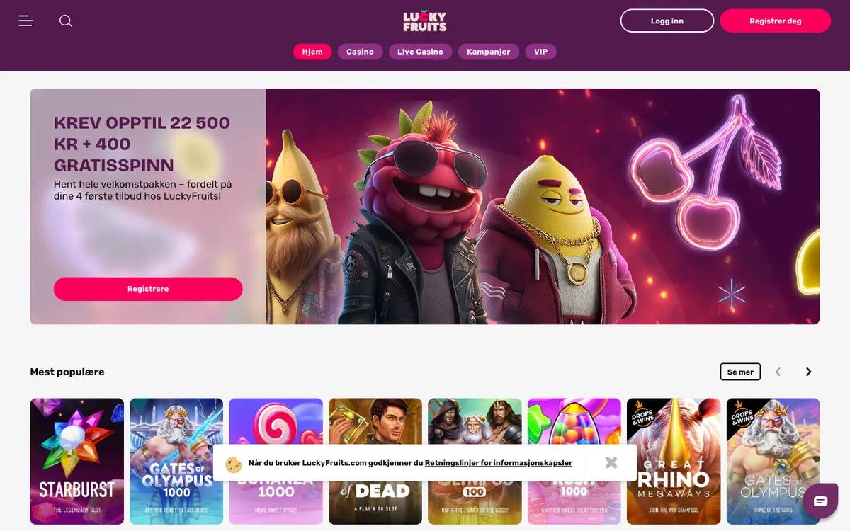 LuckyFruits Casino — Home page, captured from Norway