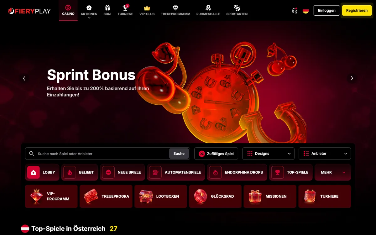 Fiery Play Casino — Home page, captured from Austria