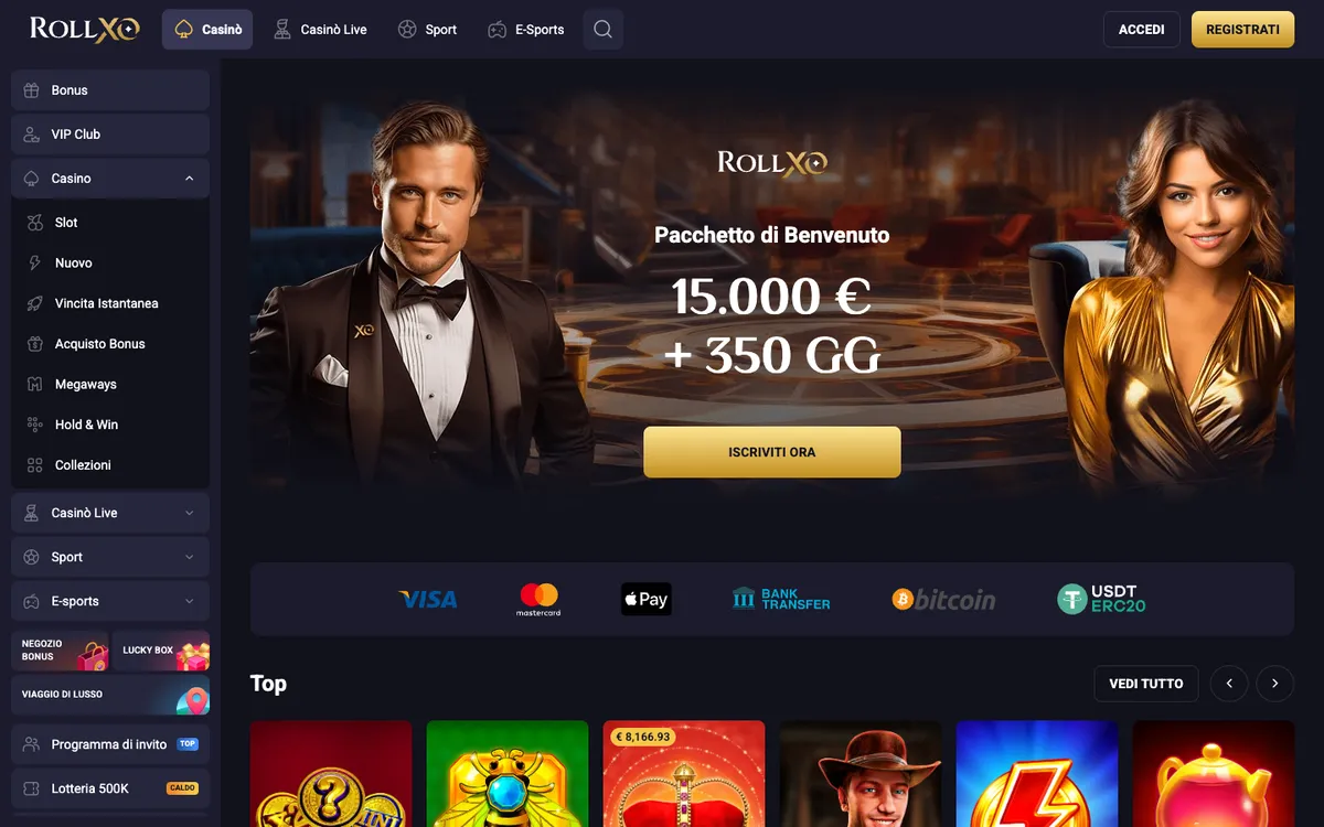 RollXO Casino — Home page, captured from Italy