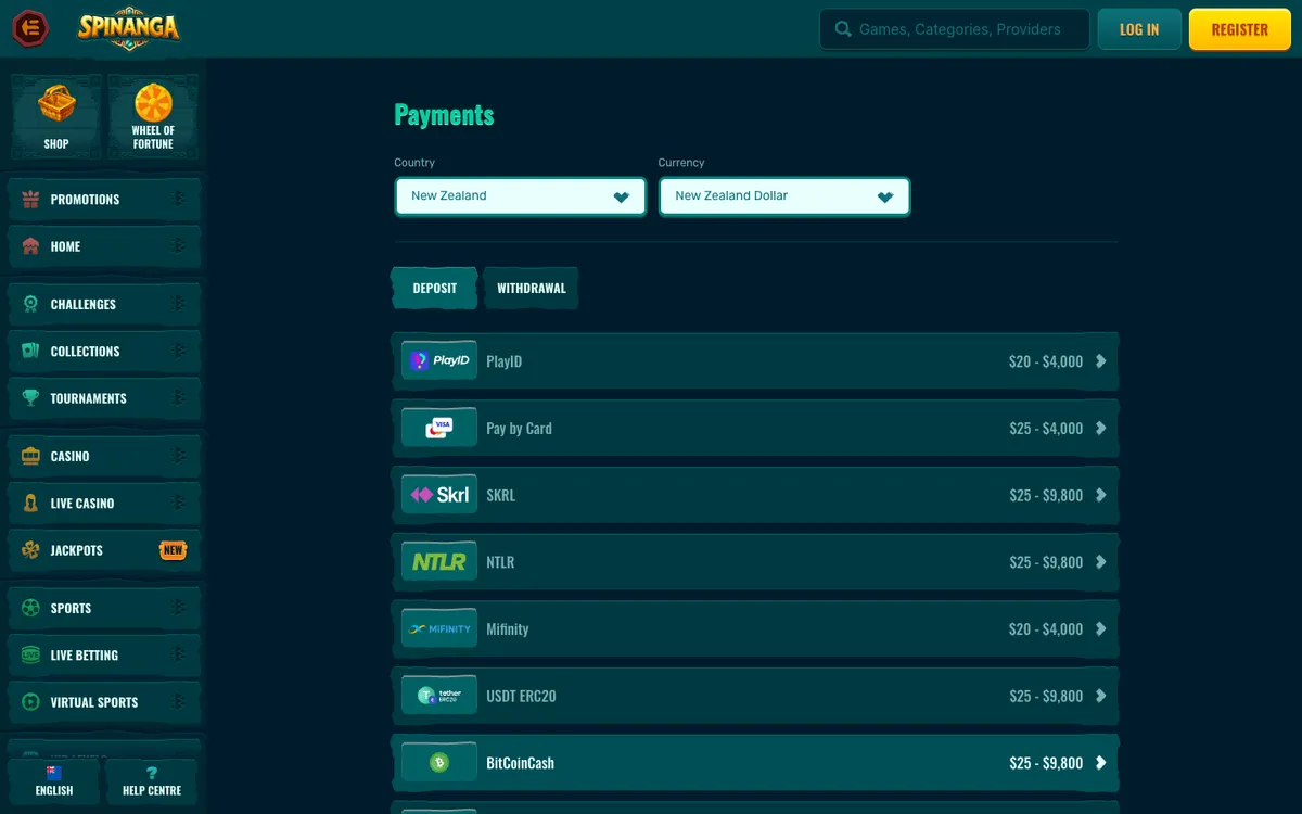 Spinanga Casino — Payments, captured from New Zealand