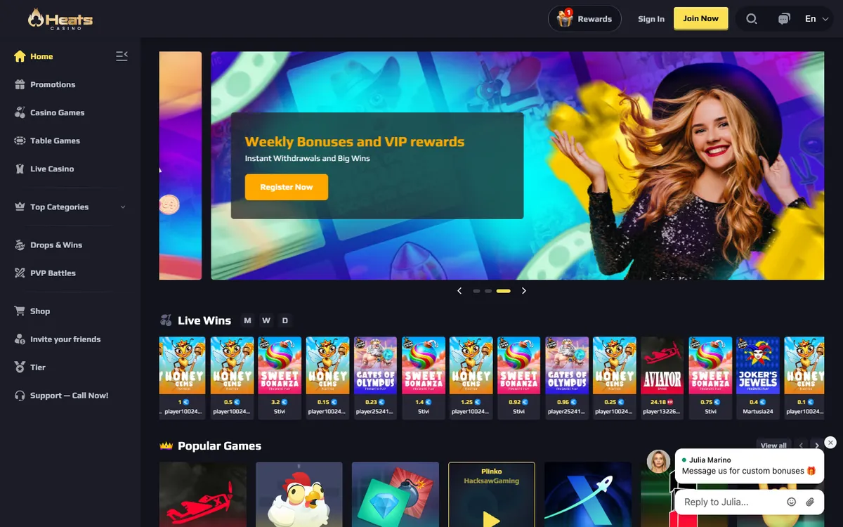 Heats Casino — Home page, captured from Canada
