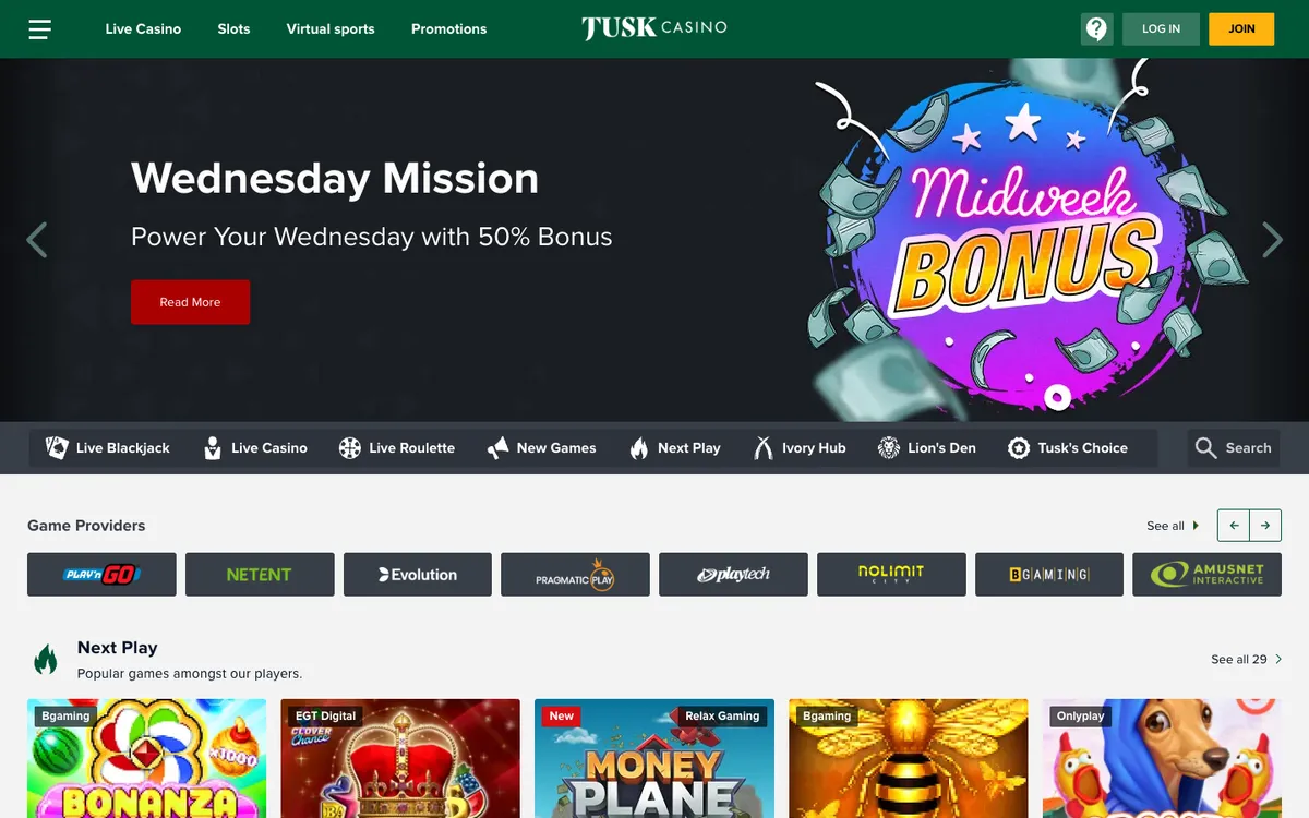 Tusk Casino — Home page, captured from Brazil