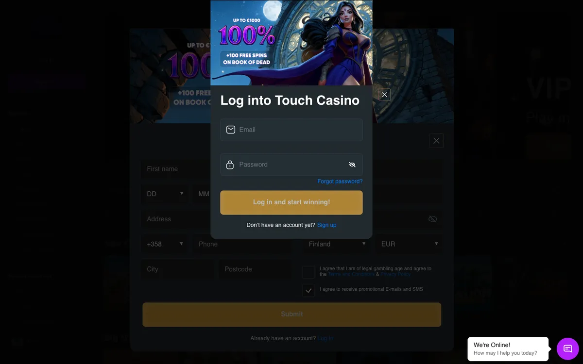 Touch Casino — «Регистрация», снято из страны Финляндия