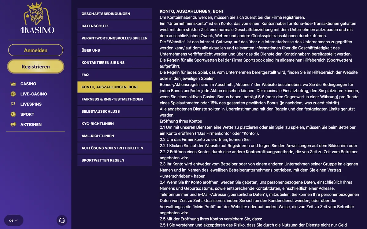 4Kasino Casino — Payments, captured from Germany