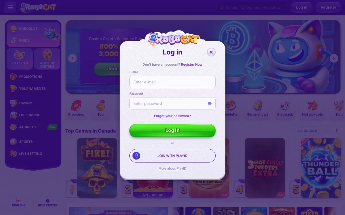 RoboCat Casino — Sign-up, captured from Canada