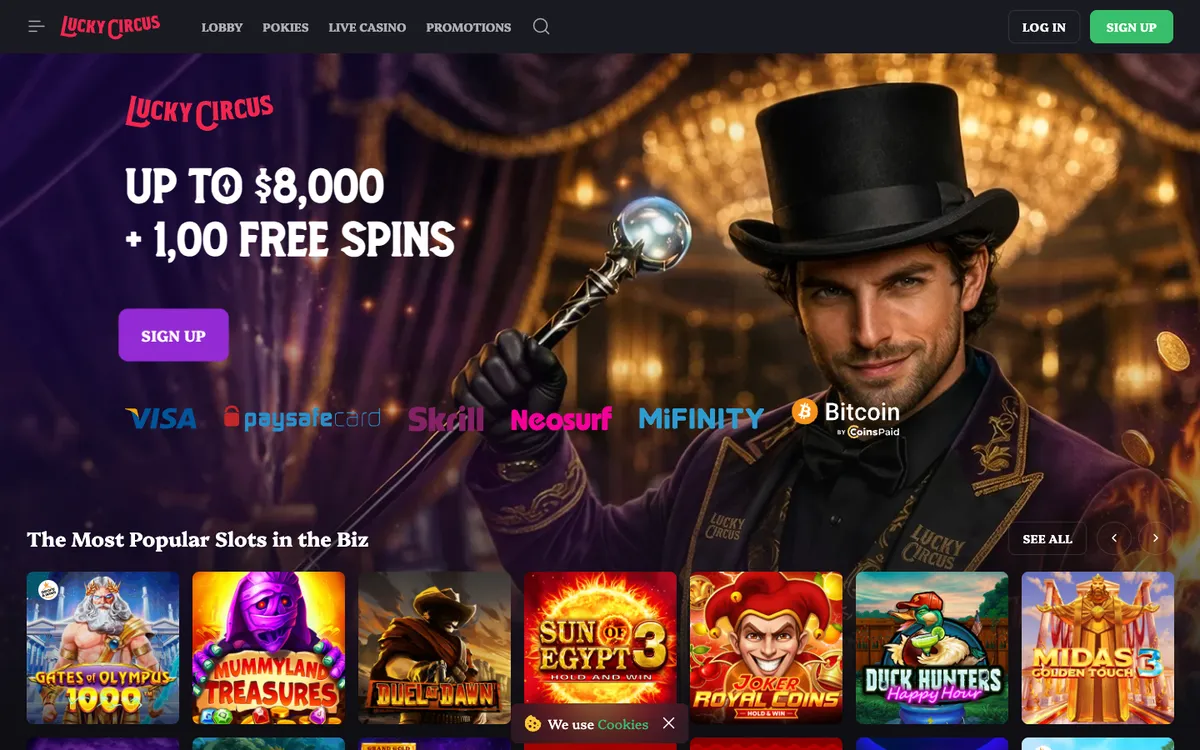 Lucky Circus Casino — Home page, captured from New Zealand
