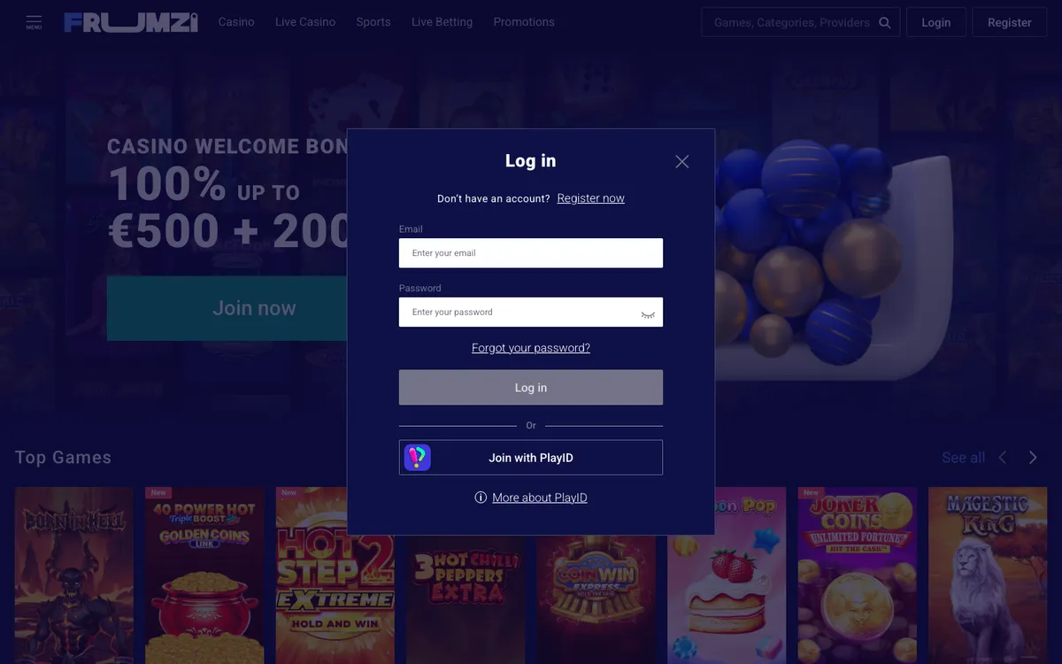 Frumzi Casino — «Регистрация», снято из страны Канада