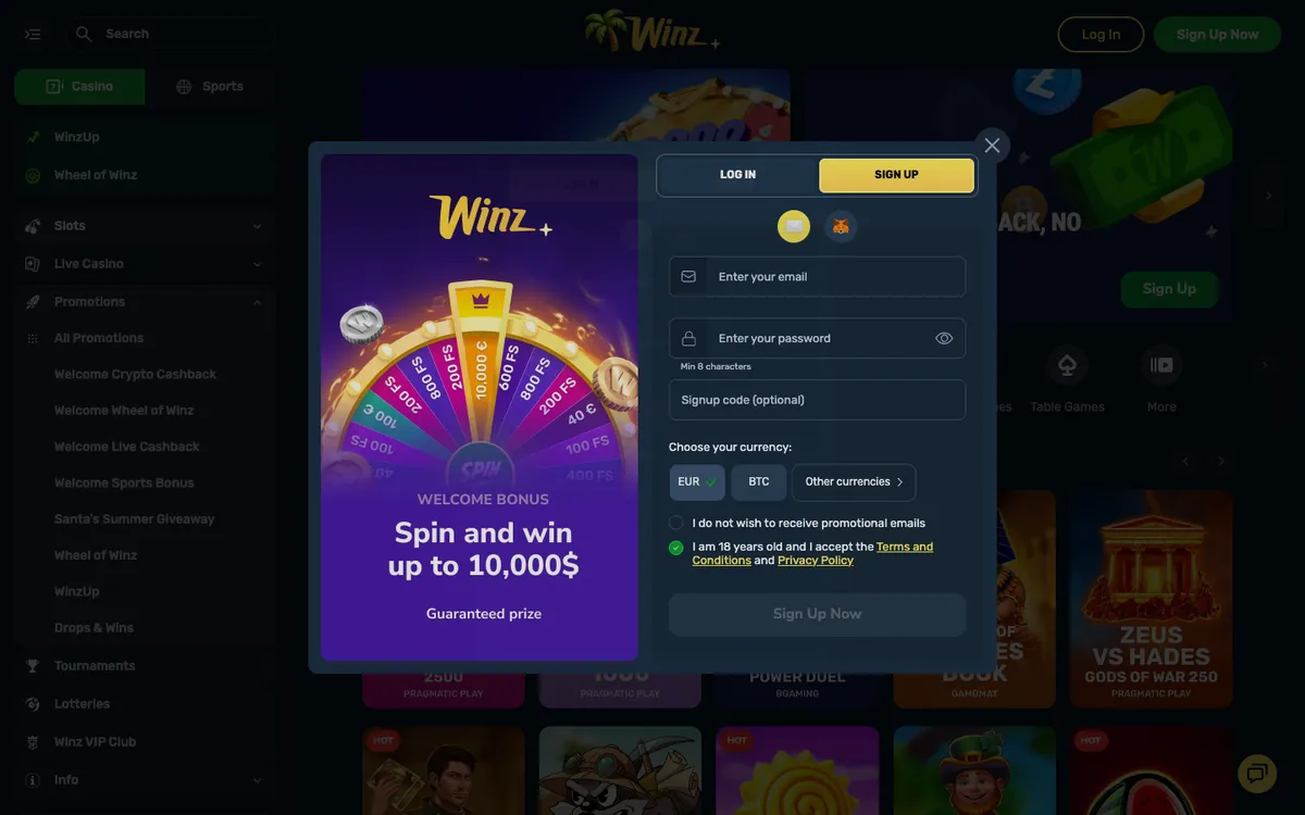 Winz.io Casino — Sign-up, captured from Austria