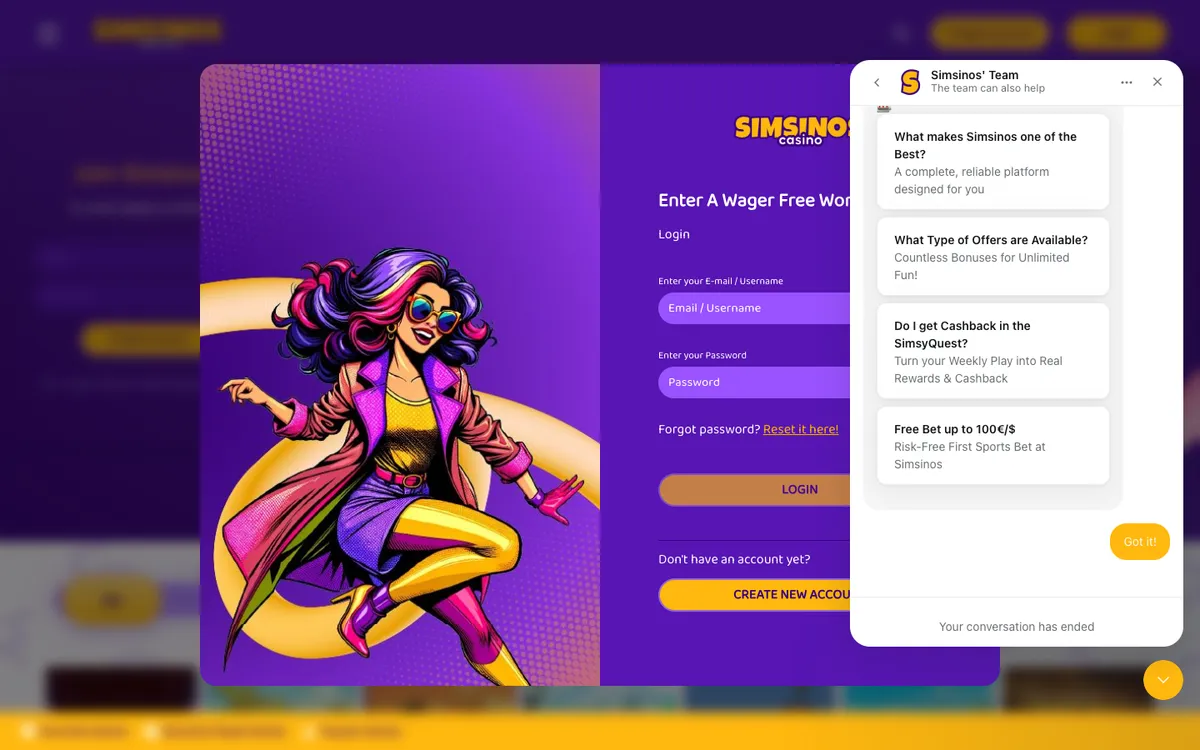 Simsinos Casino — «Регистрация», снято из страны Новая Зеландия
