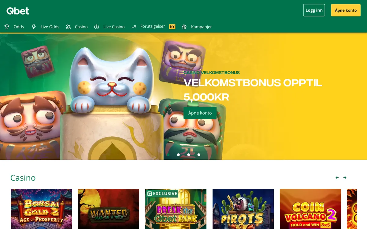 Qbet Casino — Home page, captured from Norway