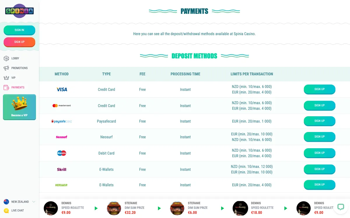 Spinia Casino — Payments, captured from New Zealand