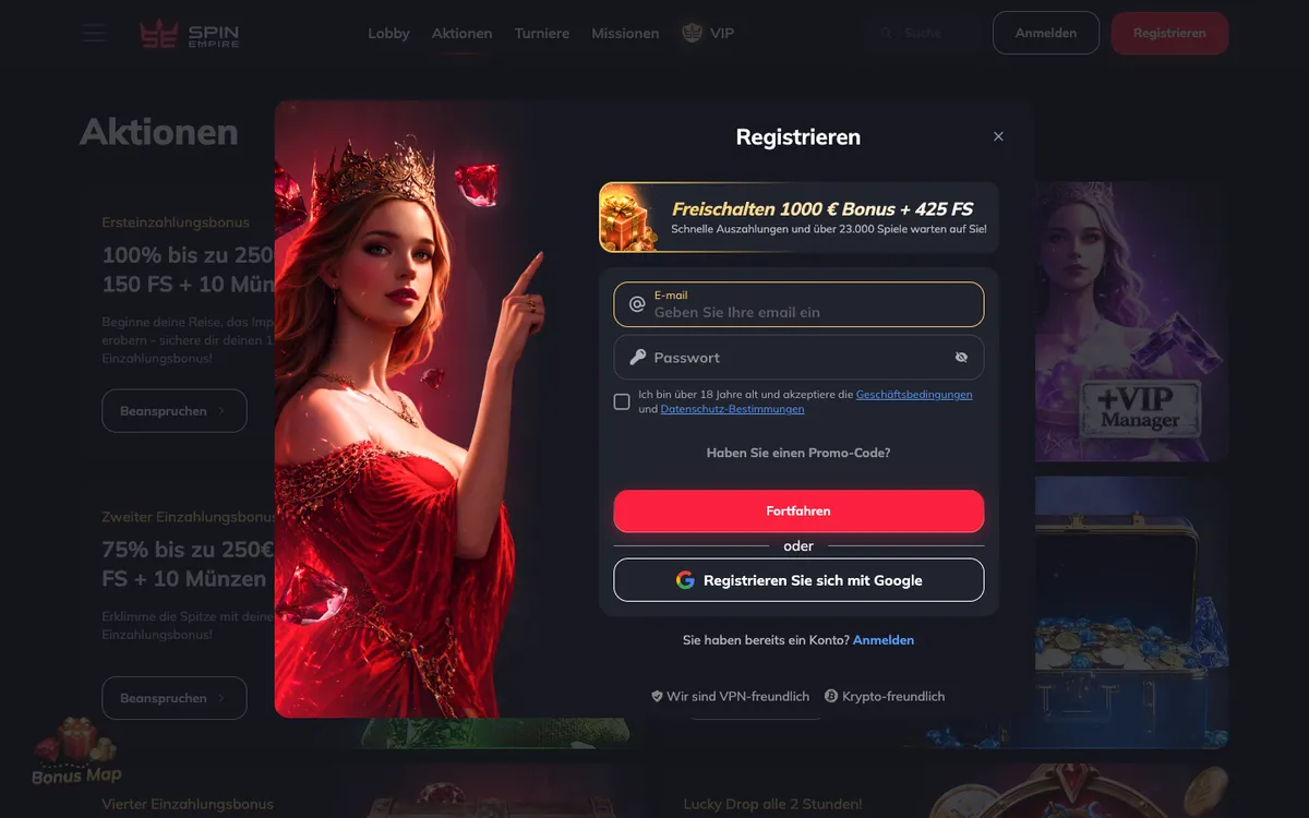 Spin Empire Casino — Promotions, captured from Austria