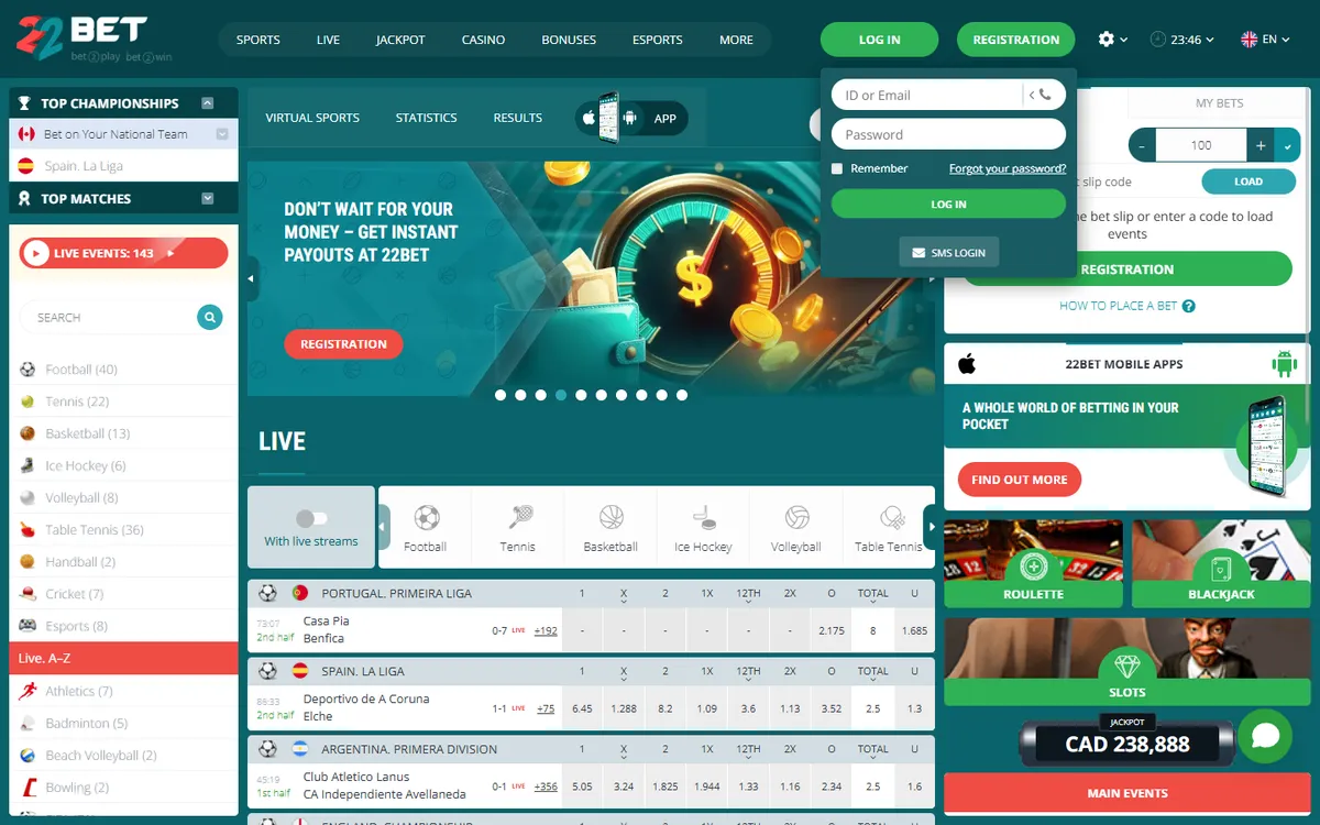 22bet Casino — Sign-up, captured from Canada