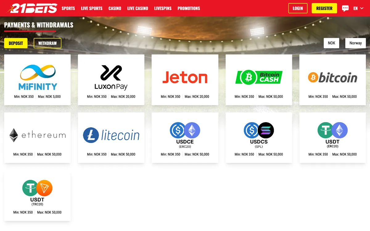 21bets.io Casino — Payments, captured from Norway