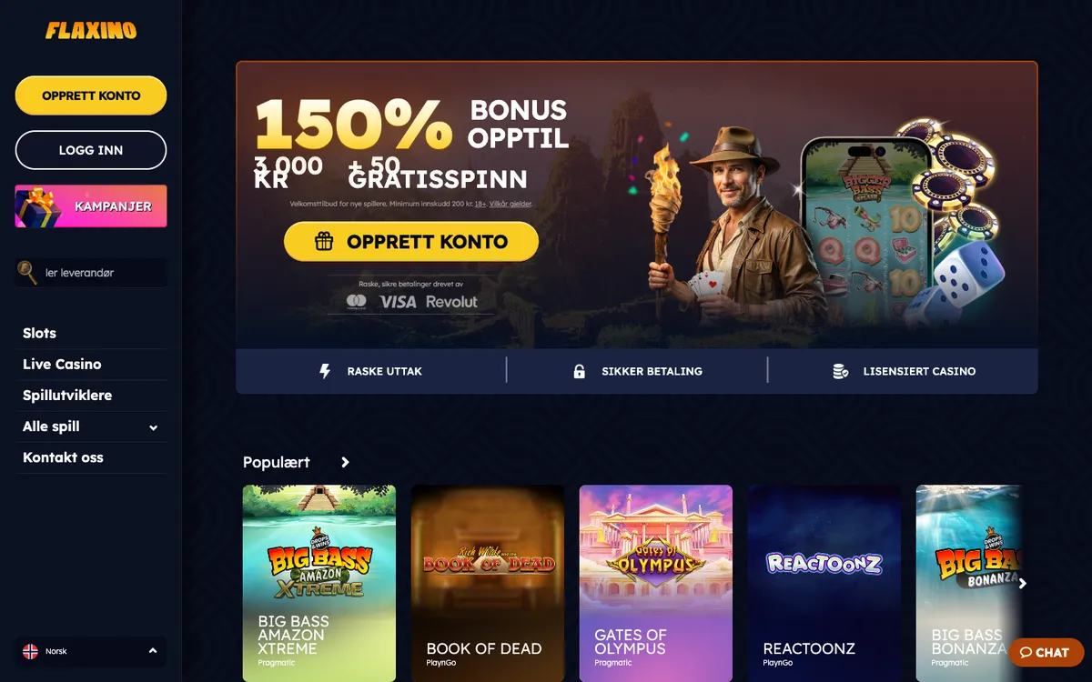 Flaxino Casino — Home page, captured from Norway