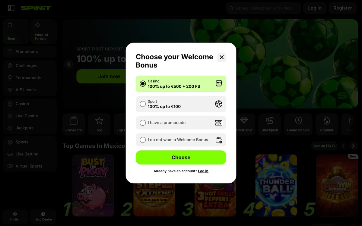 Spinit Casino — Sign-up, captured from Mexico