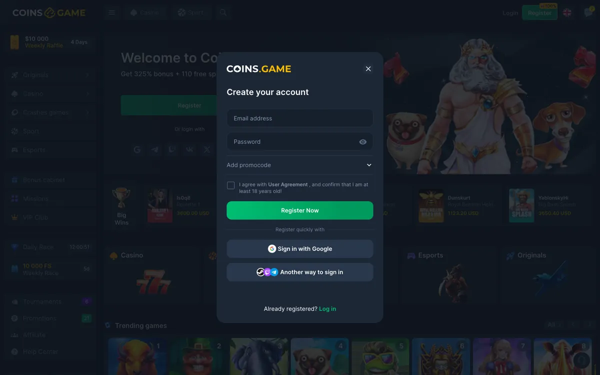 Coins Game Casino — Sign-up, captured from Australia