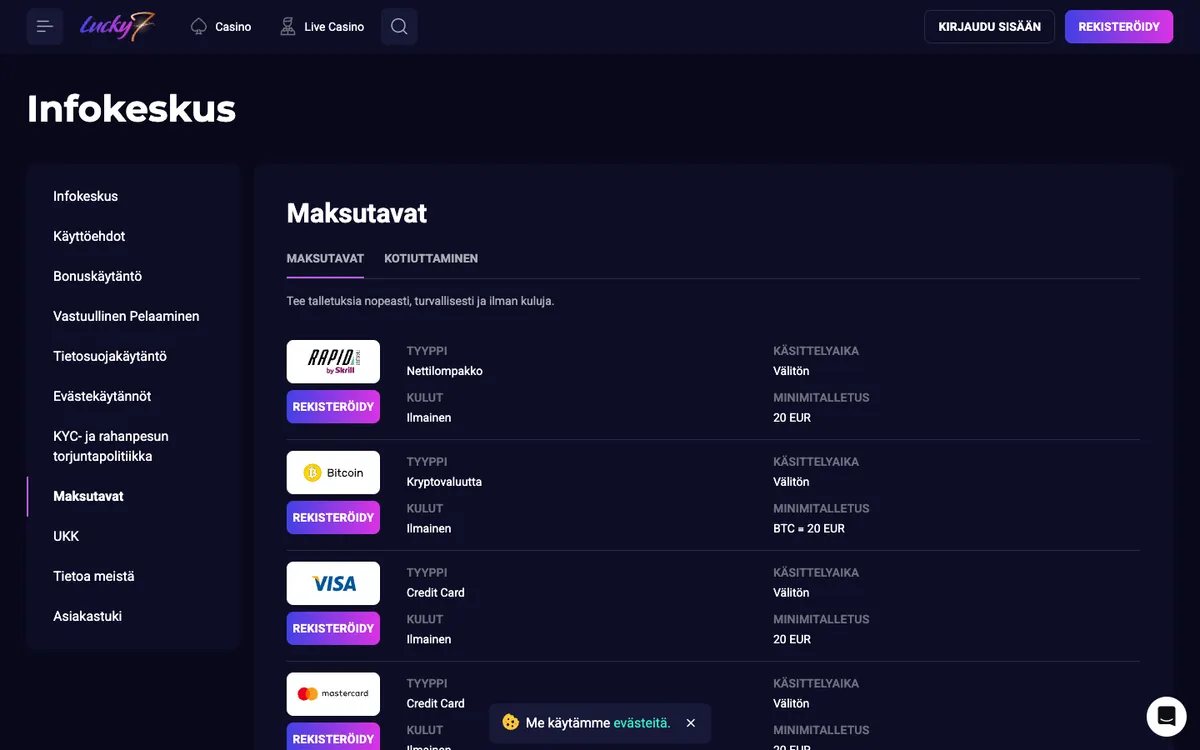 Lucky7even Casino — Payments, captured from Finland