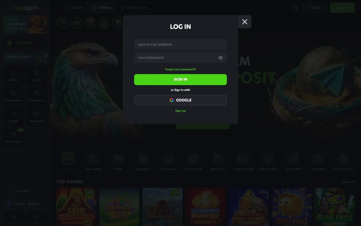 Neospin Casino — Sign-up, captured from Australia