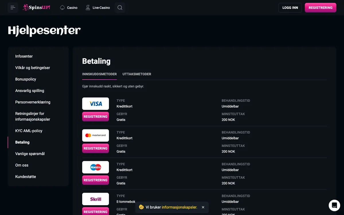 SpinsUP Casino — Payments, captured from Norway