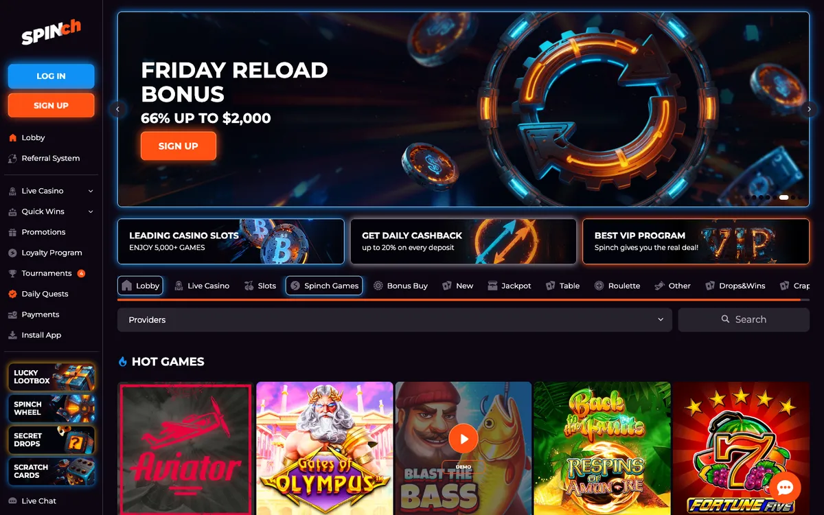 Spinch Casino — «Главная», снято из страны Новая Зеландия