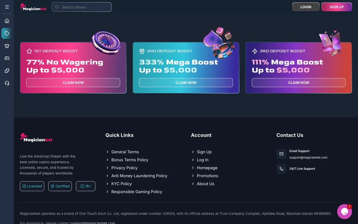 MagicianBet Casino — Promotions, captured from Austria