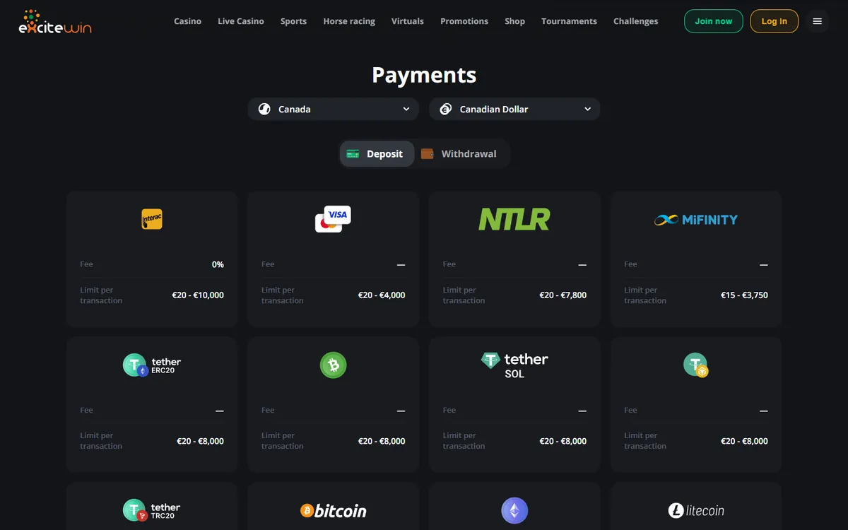 Excitewin Casino — Payments, captured from Canada