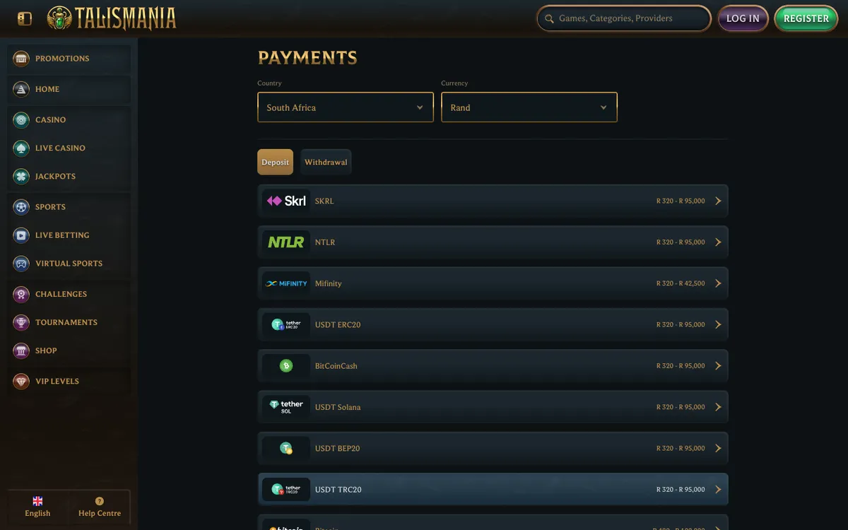 Talismania Casino — Payments, captured from South Africa
