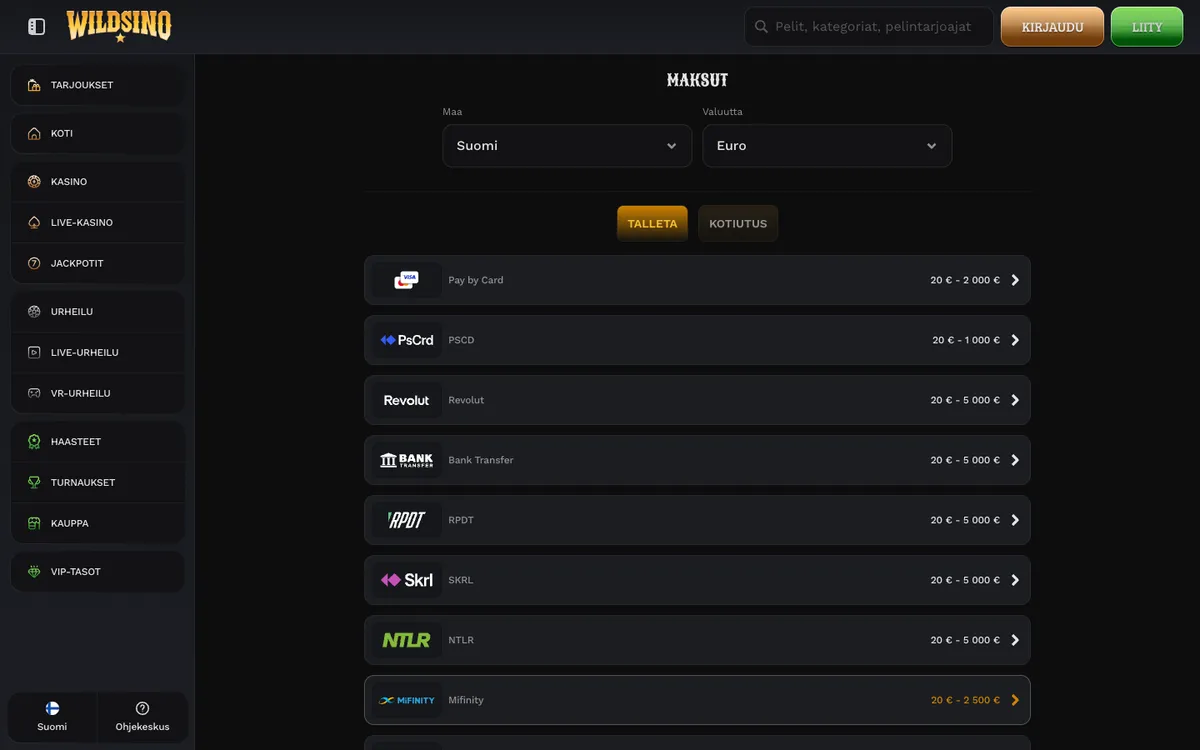 Wildsino Casino — «Платежи», снято из страны Финляндия