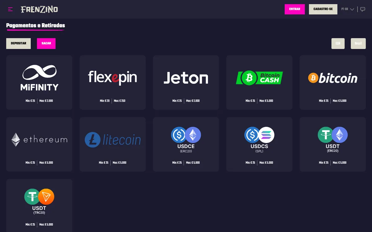 Frenzino Casino — Payments, captured from Brazil